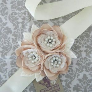 Champagne Bridal Flower Dress Sash. Bridal Gown Sa